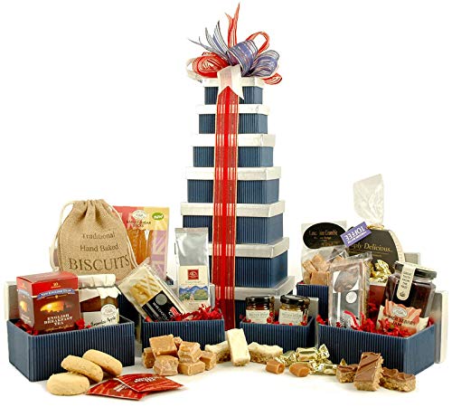 Great British Gift Tower - Gourmet Food Hamper with Award Winning Goodies & Presented in 7 Blue & Silver Gift Boxes - Wrapped with Ribbon