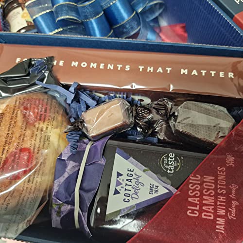 Great British Gift Tower - Gourmet Food Hamper with Award Winning Goodies & Presented in 7 Blue & Silver Gift Boxes - Wrapped with Ribbon