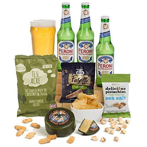 Hay Hampers Italian Lager & Cheese Snacks Gift Set - Peroni Lager, Artisan Cheese, and Savoury Snacks - Gourmet Gift Hampers for Men, Gift Food Hampers for Women