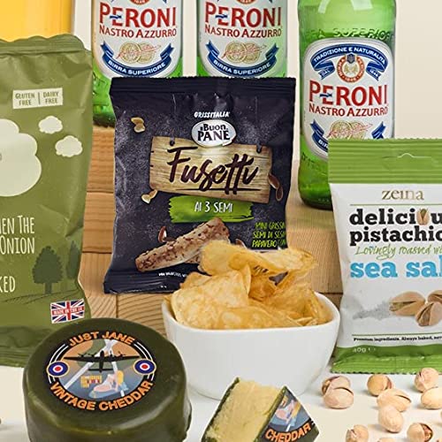 Hay Hampers Italian Lager & Cheese Snacks Gift Set - Peroni Lager, Artisan Cheese, and Savoury Snacks - Gourmet Gift Hampers for Men, Gift Food Hampers for Women