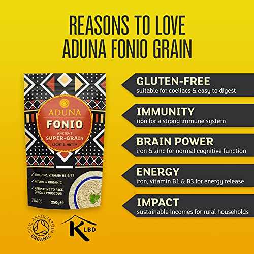 Aduna Certified Organic Fonio Super-Grain | Premium Gluten-Free African Ancient Super-Grain | All Natural Superfood Grain | Six Resealable Pouches 1.5kg (6 x 250g)