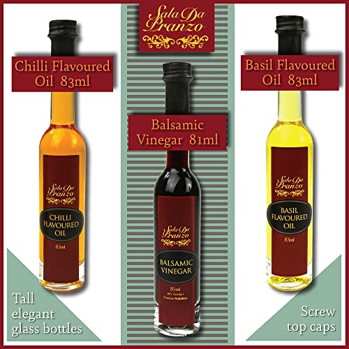 Italian Food and Cooking Gifts for Foodies - Flavoured Basil Oil, Chilli Oil & Balsamic Vinegar Gift Set - Gourmet Food Gifts for Men, Women & Couples
