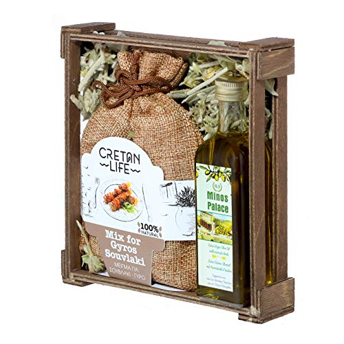 Wooden Gift Set Mix for Gyros Souvlaki (Linen) & Olive Oil 60ml