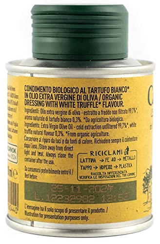 Farchioni Il Casolare - Organic White Truffle Oil (100 ml) - Cold Pressed Unfiltered Extra Virgin Olive Oil - White Truffle Essence - Gourmet Food Seasoning Marinade Salad Dressing - 100ml tin