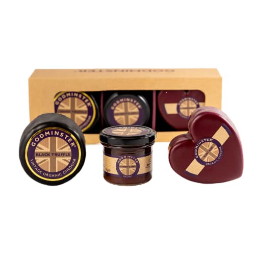 Godminster | Cheese and Chutney Collection Gift Set | Heart VOC 200g - Black Truffle Round 200g - Beetroot and Apple Chutney 110g