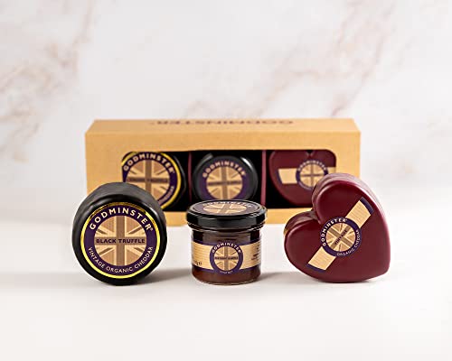 Godminster | Cheese and Chutney Collection Gift Set | Heart VOC 200g - Black Truffle Round 200g - Beetroot and Apple Chutney 110g