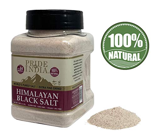 Pride Of India - Himalayan Black Salt (Kala Namak) Extra Fine, 1 Pound (16oz) Dual Sifter Jar - 84+ Natural Mineral Enriched - Great for Vegan Tofu Scrambles - Natural Faux Egg Flavor - Egg replacment