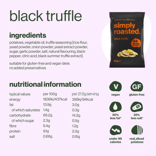 Simply Roasted – Black Truffle Crisps 12 x 93g Share Bag | 50% less fat | 25% less salt | Less than 99 calories | triple roasted crunchy potato crisps (Box of 12 x 93g bags)