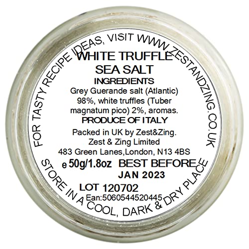 Zest & Zing White Truffle Sea Salt (with Real White Truffle), 50g- Gourmet Luxury Ingredients By Fresher, convenient, stackable Spice Jars.