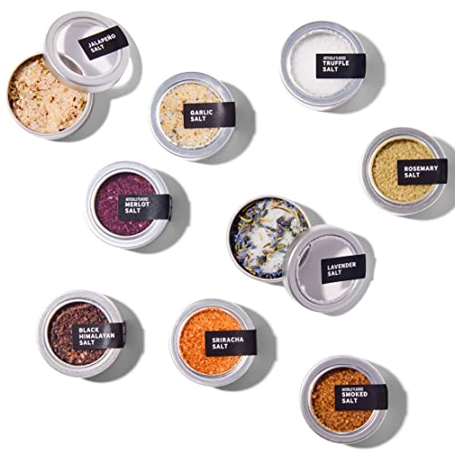 Thoughtfully Gourmet, Gourmet Salt Tin Gift Set, Seasoning Salt Flavors Include Jalapeno, Truffle, Rosemary, Sriracha, Smoked, Black Himalayan, Garlic Salt and More, Set of 9