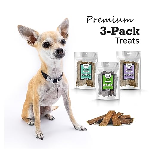 Drool Pet Products 100% Pure Dried Fresh Meat Rabbit Goat & Goose Triple Pack Meaty Strips for dogs 3 x 150g Air-Dried Nibbles Dog Chews for Dogs & Puppies