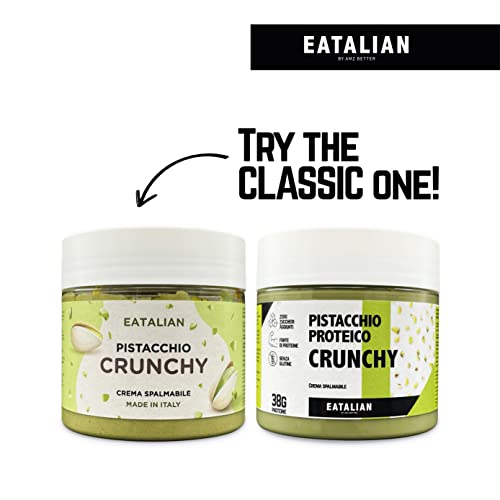 EATALIAN by AMZ BETTER Spreadable Crunchy Pistachio Protein Cream 200 Grams, Pistachio Cream with Grains of Pistachio, Protein Paste, Sweet Taste, Ideal on Bread and for Filling Cakes, Made in Italy