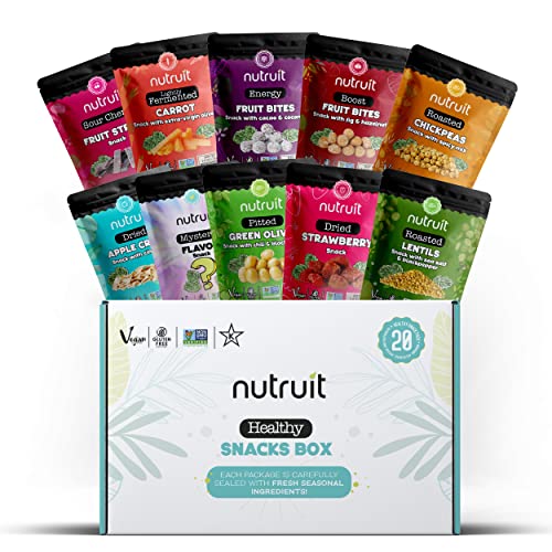 Nutruit Gourmet Healthy Snack Variety Box (Pack of 20), Vegan, Gluten Free, Non GMO, Plant Based Protein, High Fiber, Snack Gift Box for Kids and Adults (10 Flavor) 33g Premium Snacks