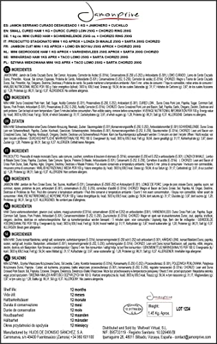 Serrano Ham Cured Boneless 1 Kg + Lomo (Pork Loin) Duroc Natural 250 gr + Chorizo Riojano 200 gr - Spanish Jamon Serrano Jamonprive