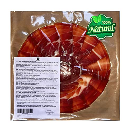 Hand Carved Serrano Ham 100% Natural RESERVA Quality - 100 Grams Serrano Ham Slices Cured for 24+ Months - Spanish Ham Serrano Ham Sliced - Jamon Serrano Cortado a Mano