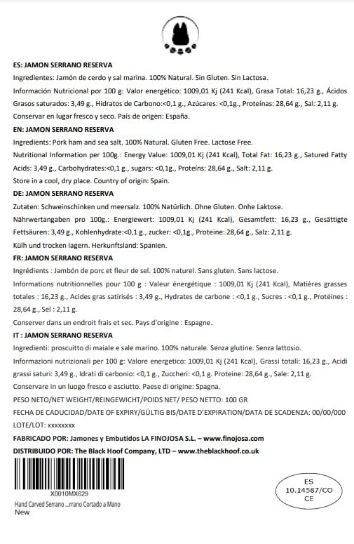 Hand Carved Serrano Ham 100% Natural RESERVA Quality - 100 Grams Serrano Ham Slices Cured for 24+ Months - Spanish Ham Serrano Ham Sliced - Jamon Serrano Cortado a Mano