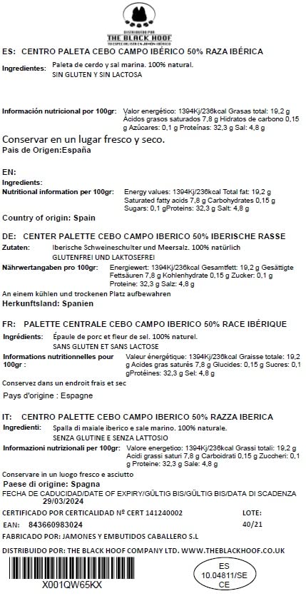 2.5 Kg Boneless Iberico Ham Shoulder Pata Negra - from Free Range Iberico Pigs Raised in Dehesas and 100% Natural Curation Process - Spanish Jamon Iberico - Paleta Iberica Deshuesada