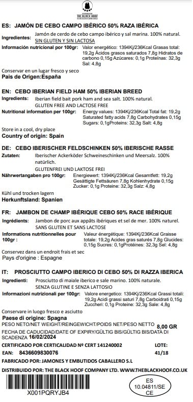 8-9 Kg Iberico Ham Pata Negra - from Free Range Iberico Pigs raised in Dehesas and 100% Natural Curation Process - Spanish Jamon Iberico Pata Negra - Jamon Iberico de Cebo de Campo
