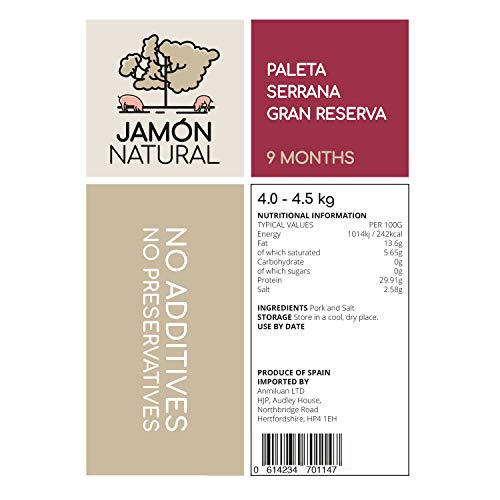 Jamon Serrano Spanish Ham Set | 4.0 kg Paleta Serrano Gran Reserva | 100% Natural - No Additives or Preservatives | Great Taste Awards 2020 | Gold Star Winning Serrano Ham