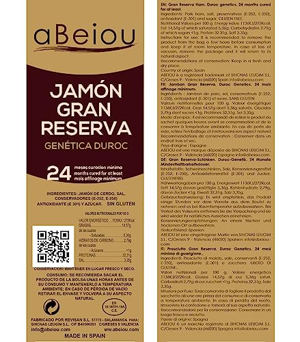 aBeiou. 1KG Great Reserve DUROC Premium Boneless HAM. Spanish Serrano. Matured +24-25 Months (Vacuum-Packed ham) Manufactured in Guijuelo (Spain). Product of The Iberian Peninsula.