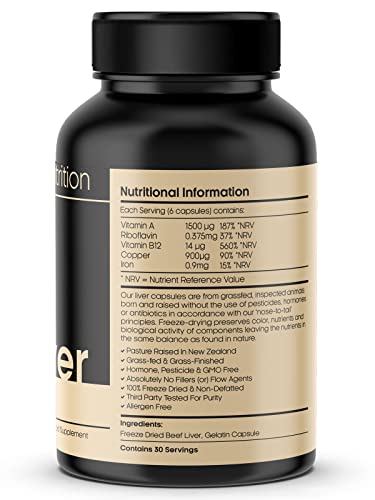 Grass Fed Beef Liver Supplements - 180 Capsules - 500mg - Freeze Dried - Desiccated - Natural Iron, Vitamin A, B12