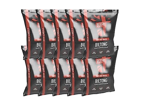 BEEFit Biltong Beef Jerky, High Protein Snacks, Ultimate Low Carb, Low Calorie Snacks, 100% Beef, Gluten Free Biltong, Healthy Protein Keto Snacks for On The Go - Red Hot Chilli, 10x 30g Snack Bags