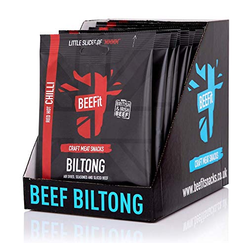 BEEFit Biltong Beef Jerky, High Protein Snacks, Ultimate Low Carb, Low Calorie Snacks, 100% Beef, Gluten Free Biltong, Healthy Protein Keto Snacks for On The Go - Red Hot Chilli, 10x 30g Snack Bags
