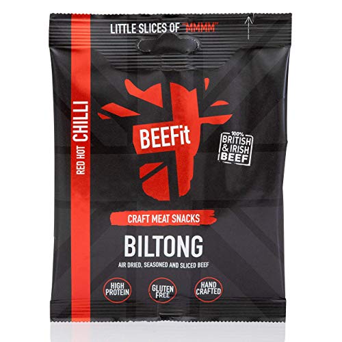 BEEFit Biltong Beef Jerky, High Protein Snacks, Ultimate Low Carb, Low Calorie Snacks, 100% Beef, Gluten Free Biltong, Healthy Protein Keto Snacks for On The Go - Red Hot Chilli, 10x 30g Snack Bags