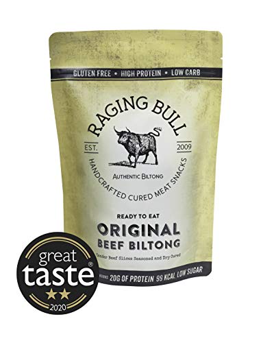 Raging Bull Original Beef Biltong - Authentic South African Biltong. Made with Natural Ingredients & Our Award-Winning Skills. Deliciously Tender high Protein, Low Carbs & Gluten Free Snacks. 1kg.