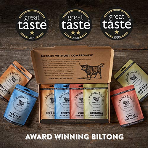 Raging Bull Original Beef Biltong - Authentic South African Biltong. Made with Natural Ingredients & Our Award-Winning Skills. Deliciously Tender high Protein, Low Carbs & Gluten Free Snacks. 1kg.