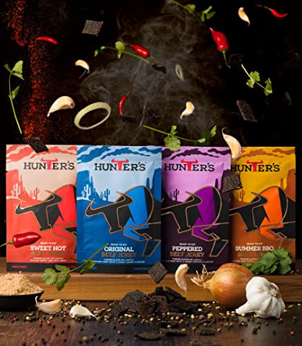 Hunters Sweet Hot Beef Jerky, 1kg Pack of 4 x 250g Lightly Smoked Beef Jerky, High Protein, MSG Free, Tender slices of Beef infused with spices that warm the palate