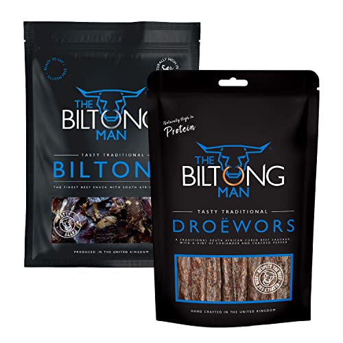 The Biltong Man I Tasty Traditional Fatty Beef Biltong & Droëwors Sticks Combo I Healthy High Protein Dried Beef and Sausage Snack I Low calorie, Gluten-free & Keto-friendly, 2 x 250 Gram Packs