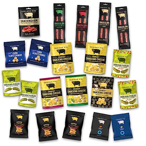 SERIOUS PIG Gourmet Snack Box with Crunchy Cheese, Salami Snacks, Salted Peanuts, Roast Almonds and Pickles, Delicious Savoury Pub Snacks (21 Packets)