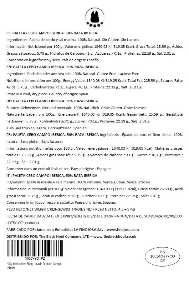 5 Kg Iberico Ham Shoulder Pata Negra 100% Natural - from Free Range Iberico Pigs Raised in Dehesas - Spanish Jamon Iberico Pata Negra - Paleta Iberica de Cebo de Campo