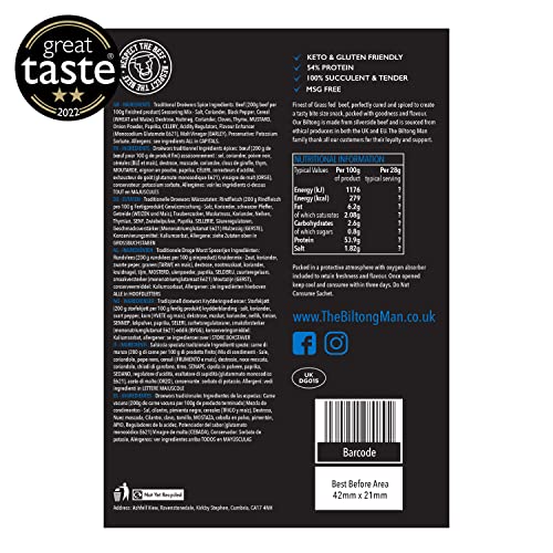 The Biltong Man I Tasty Traditional Fatty Beef Biltong & Droëwors Sticks Combo I Healthy High Protein Dried Beef and Sausage Snack I Low calorie, Gluten-free & Keto-friendly, 2 x 250 Gram Packs