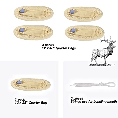 Reusable Elk Game Bags Hunting Meat, 5-Pack Meat Game Bags, Rolled Heavy Duty Quarter Bags, Big Game Bags for Elk, Caribou, Deer, 48-Inch x4, 28-Inch x1