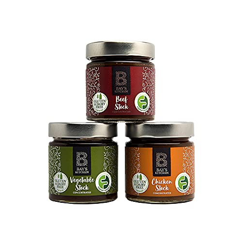 Bay's Kitchen 3 Cooking Stocks Selection - Beef Stock, Chicken Stock and Vegetable Stock, Delicious Low FODMAP, Gluten Free, Dairy Free Concentrated Stocks for Cooking and Sauces