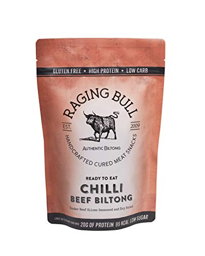 Raging Bull Chilli Beef Biltong - authentic South African biltong. Made with natural ingredients & our award-winning expertise. A delicious tasty high protein, low carbs & gluten free snack. 250g bag.