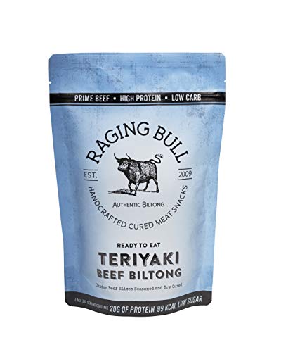 Raging Bull Teriyaki Biltong - Traditional South African biltong. Expertly crafted using the finest ingredients & our award-winning expertise.Delicious snacks high in protein & low in carbs. 250g bag.