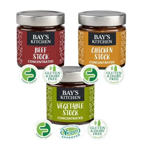Bay's Kitchen 3 Cooking Stocks Selection - Beef Stock, Chicken Stock and Vegetable Stock, Delicious Low FODMAP, Gluten Free, Dairy Free Concentrated Stocks for Cooking and Sauces