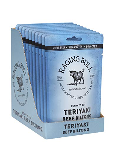 Raging Bull Teriyaki Biltong Snack Pack - Traditional South African Biltong. Expertly Crafted Using The Finest Ingredients & Our Award-Winning Expertise. High in Protein & Low in Carbs.10 x 35g Bags.