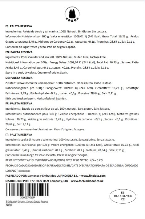 5 Kg Spanish Serrano Ham Leg Shoulder Reserva 100% Natural - A Truly Spanish Gourmet Experience to Share with Your Loved Ones - Spanish Jamon Serrano Reserva - Paleta Serrana Curada Reserva