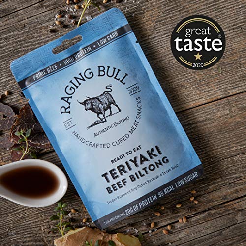 Raging Bull Teriyaki Biltong Snack Pack - Traditional South African Biltong. Expertly Crafted Using The Finest Ingredients & Our Award-Winning Expertise. High in Protein & Low in Carbs.10 x 35g Bags.