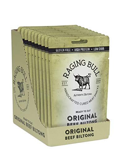 Raging Bull Original Beef Biltong - delicious authentic South African biltong. Made with natural ingredients & our award-winning skills. High in protein, low carbs & gluten free. 10 x 35g snack packs.