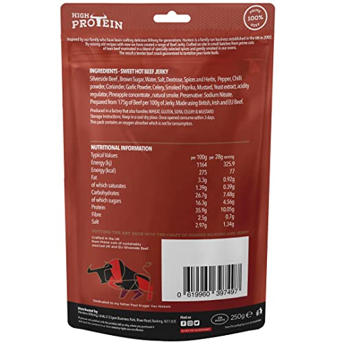 Hunters Sweet Hot Beef Jerky, 250g pack Lightly Smoked Beef Jerky, High Protein, MSG Free, Tender slices of Beef infused with spices that warm the palate.