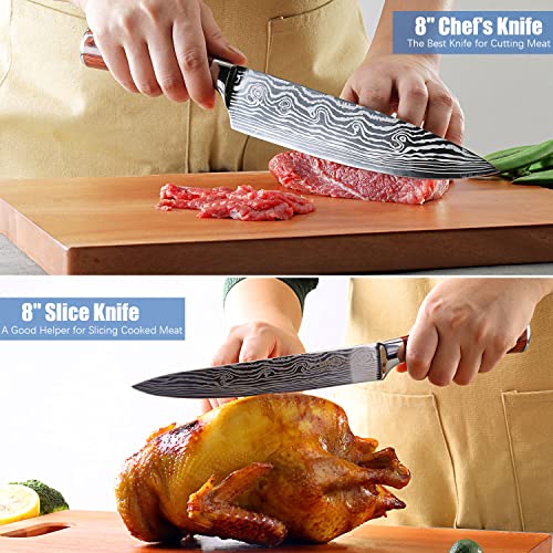 FineTool Kitchen Knife Sets, Professional Chef Knives Set Japanese 7Cr17 High Carbon Stainless Steel Vegetable Meat Cooking Knife Accessories with Red Pakkawood Handle, 6 Pieces Set Boxed Knife