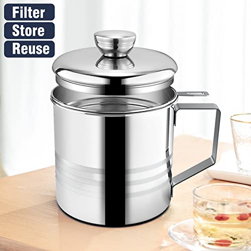 Chihee Oil Strainer Pot Grease Can, 1.2 L Stainless Steel Oil Storage Can Container with Fine Mesh Strainer, Suitable for Storing Frying Oil and Cooking Grease