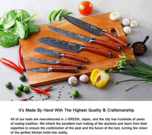 FineTool Kitchen Knife Sets, Professional Chef Knives Set Japanese 7Cr17 High Carbon Stainless Steel Vegetable Meat Cooking Knife Accessories with Red Pakkawood Handle, 6 Pieces Set Boxed Knife