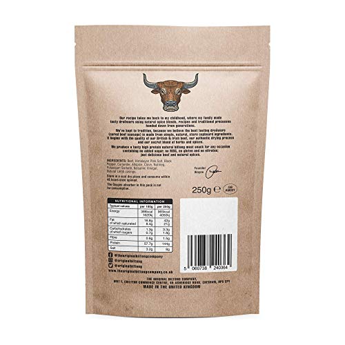 THE ORIGINAL BILTONG COMPANY - Original Droëwors. Traditional South African Meat Snack. High in Protein. Made from British & Irish Beef (Original, 250g)
