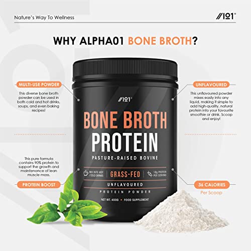 Bone Broth Beef Protein Powder - 400g - Unflavoured - 100% Grass-Fed & Pasture Raised Beef - Paleo & Keto Friendly. Halal, Kosher
